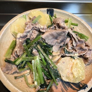 豚肉と小松菜とジャガイモの明太マヨソテー^_^